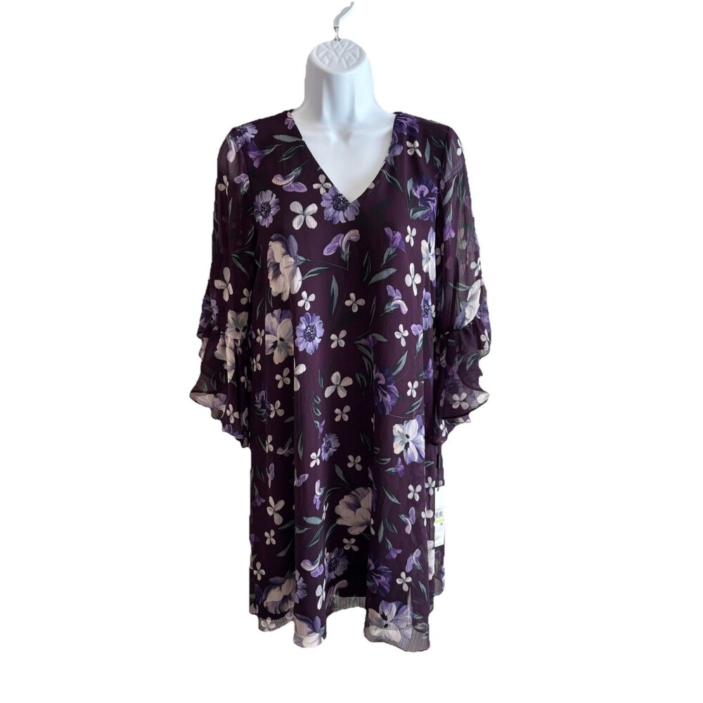 NWT Calvin Klein Size 4 Purple Floral Chiffon Bell Sleeve Dress - Wedding Guest‎